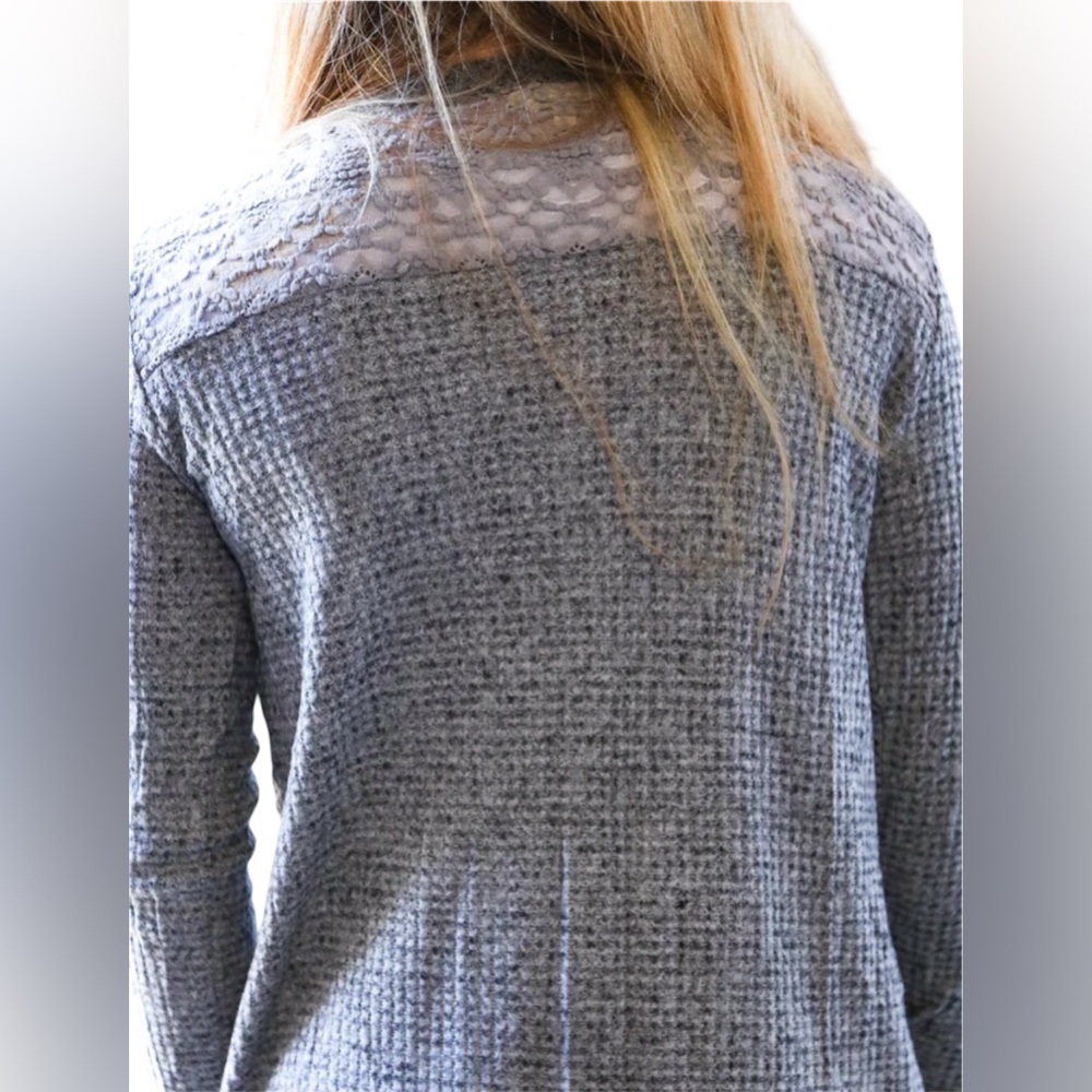Gray Waffle Knit Lace Back Duster Cardigan